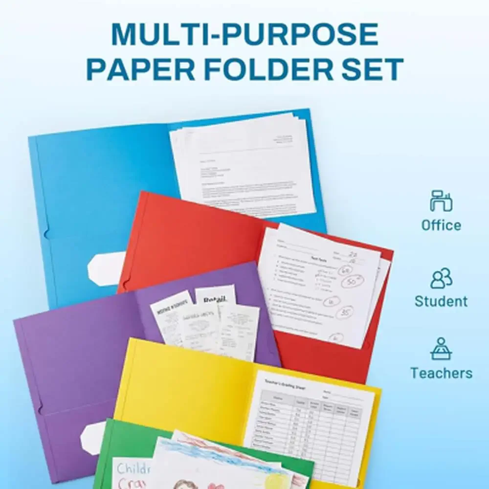 Two Pocket File Folders Pack Assorted Colors Business Card Slot Letter Size